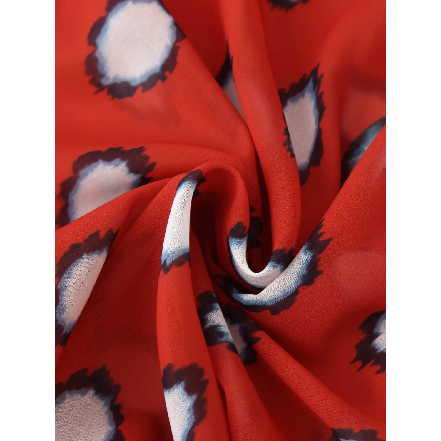 Soft chiffon fabric texture of red white polka dot women midi dress