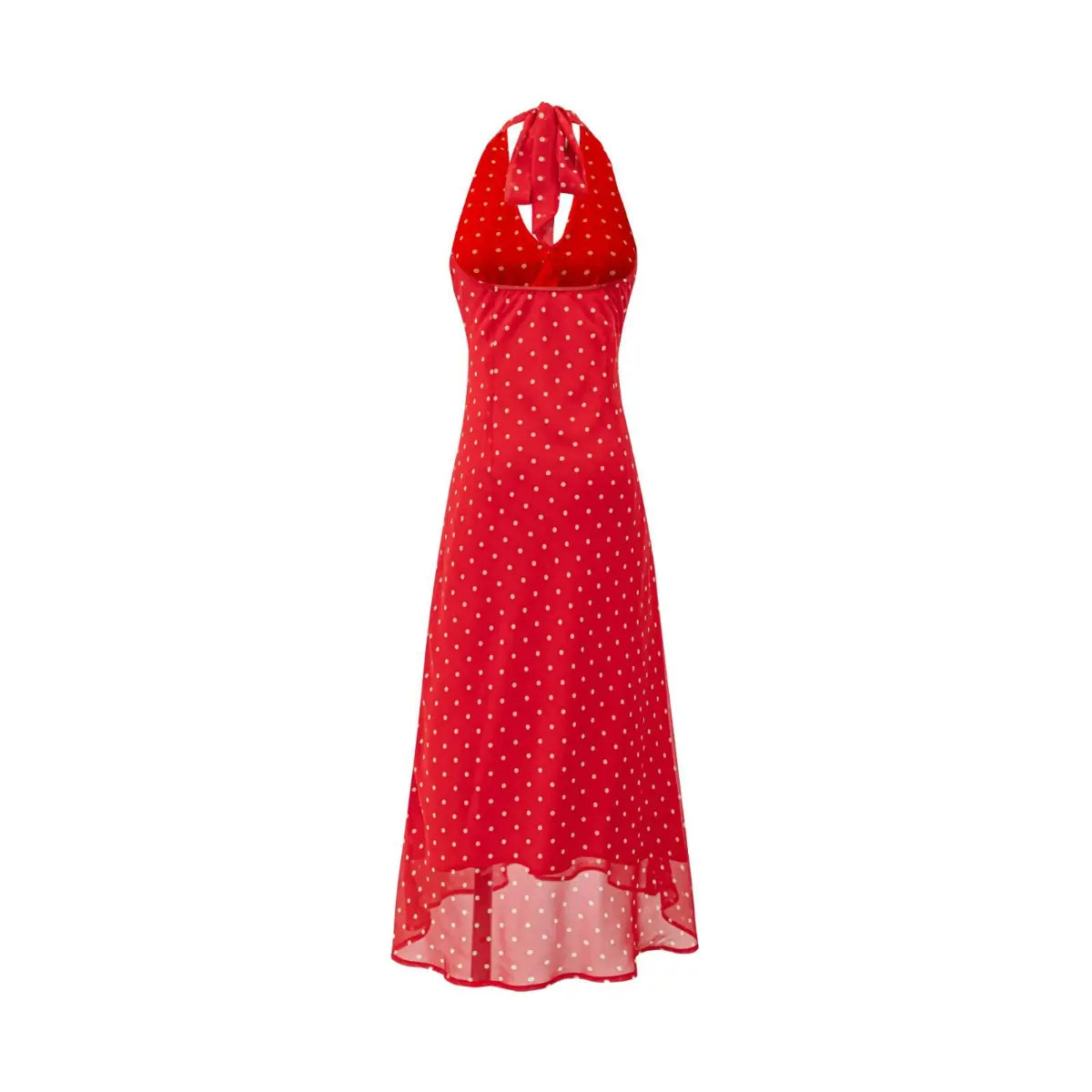 Full front product shot of vintage red cream polka dot chiffon halter midi dress with 3D rose detail at V-neck and ruffled hem.