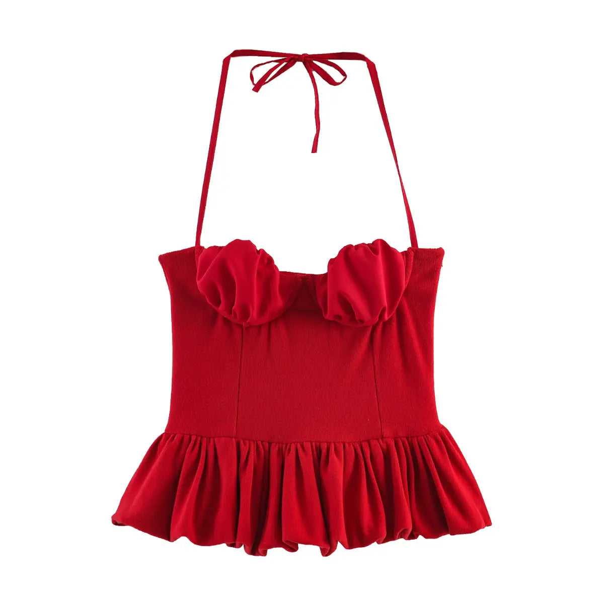 Close of double ruched 3D padded cup on solid red ribbed halter crop cami
