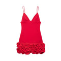 Front view of a vibrant red mini dress with spaghetti straps, deep V-neck, and a skirt hem adorned with 3D rose appliqus.