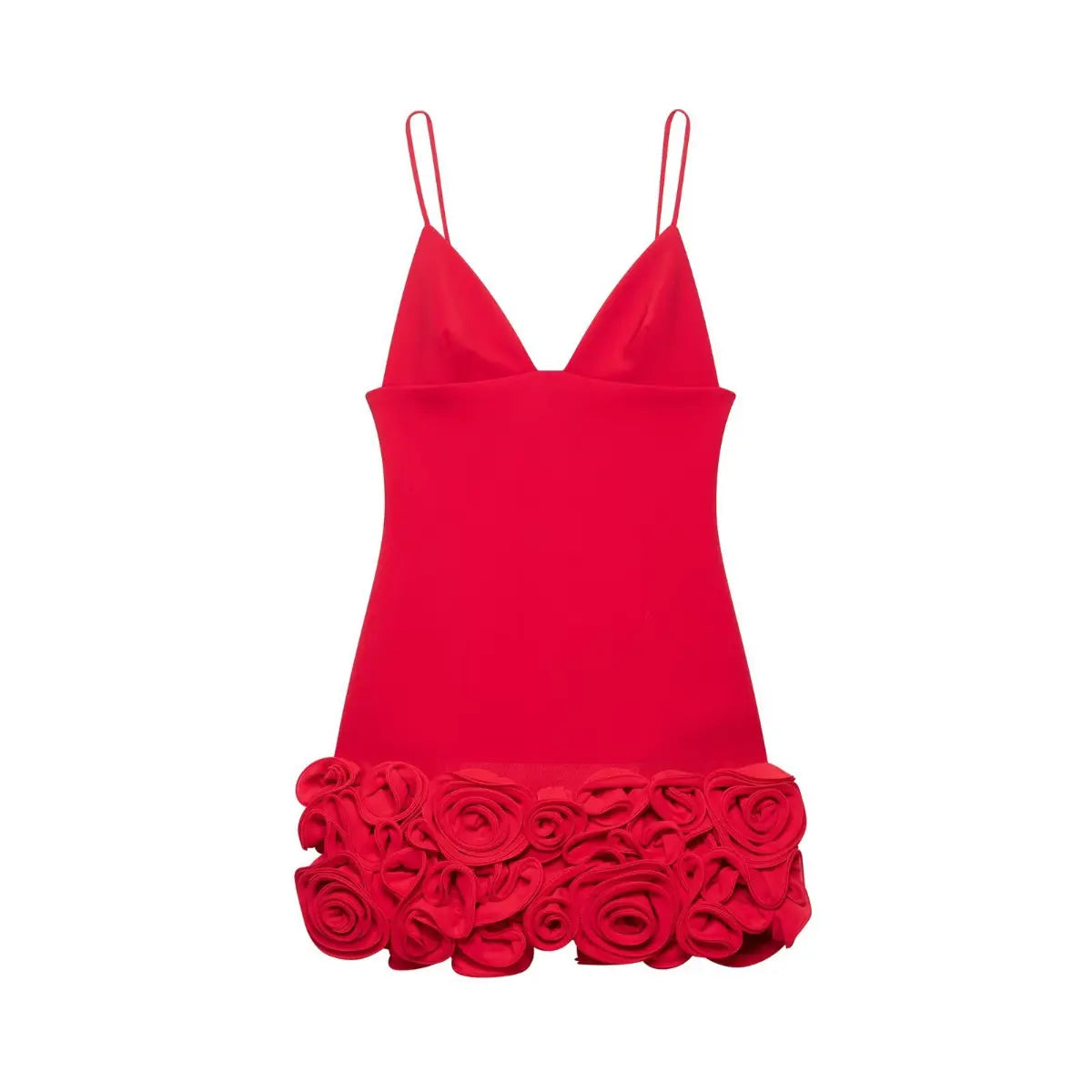 Front view of a vibrant red mini dress with spaghetti straps, deep V-neck, and a skirt hem adorned with 3D rose appliqués.