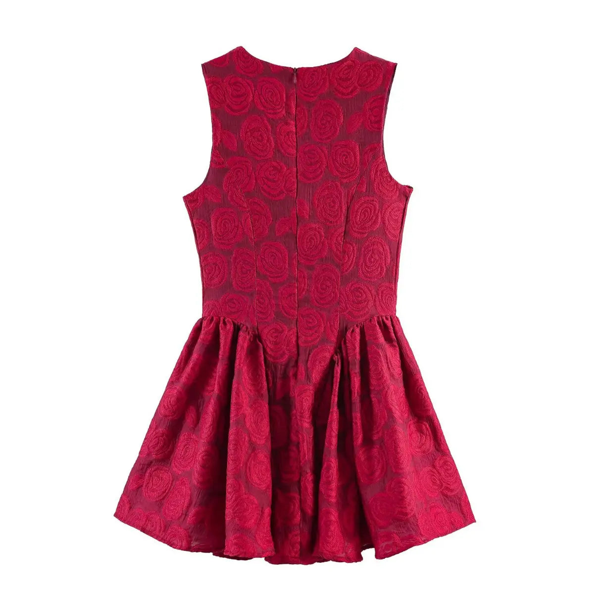 Full back view of a red rose brocade sleeveless mini dress, featuring the center-back zipper and gathered flared skirt.