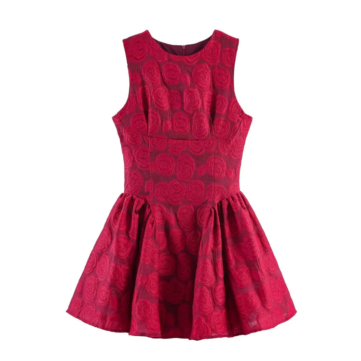 Full front view of a red rose brocade sleeveless mini dress, showing the fitted bodice and gathered flared skirt.