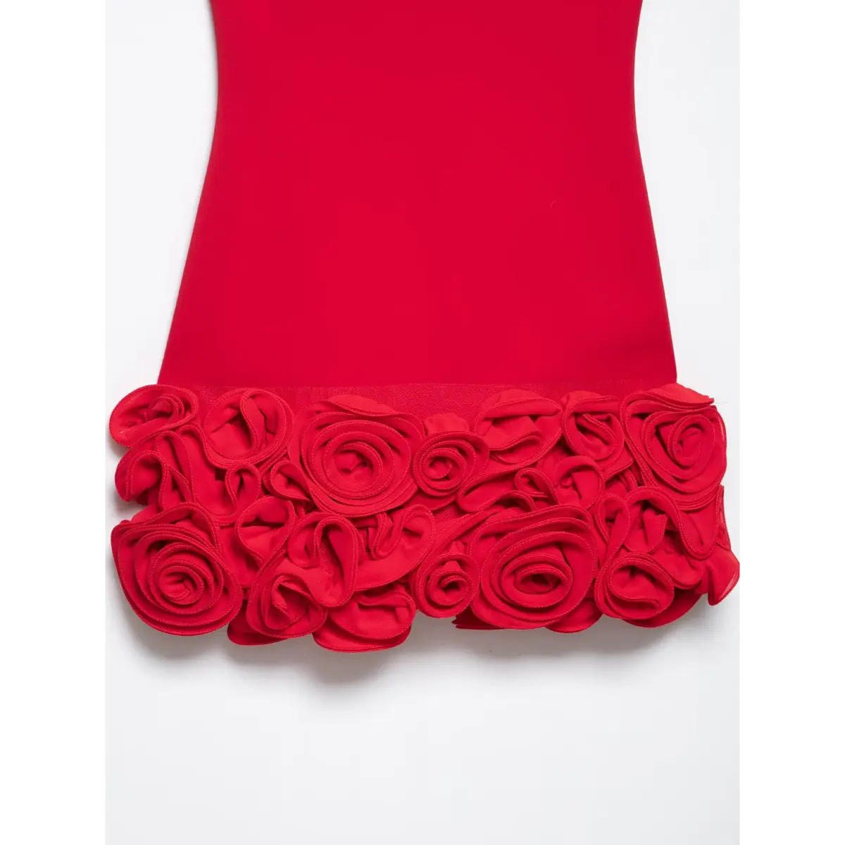 Close-up of the dress's hem, featuring the 3D rose appliqué trim and mesh underlayer.