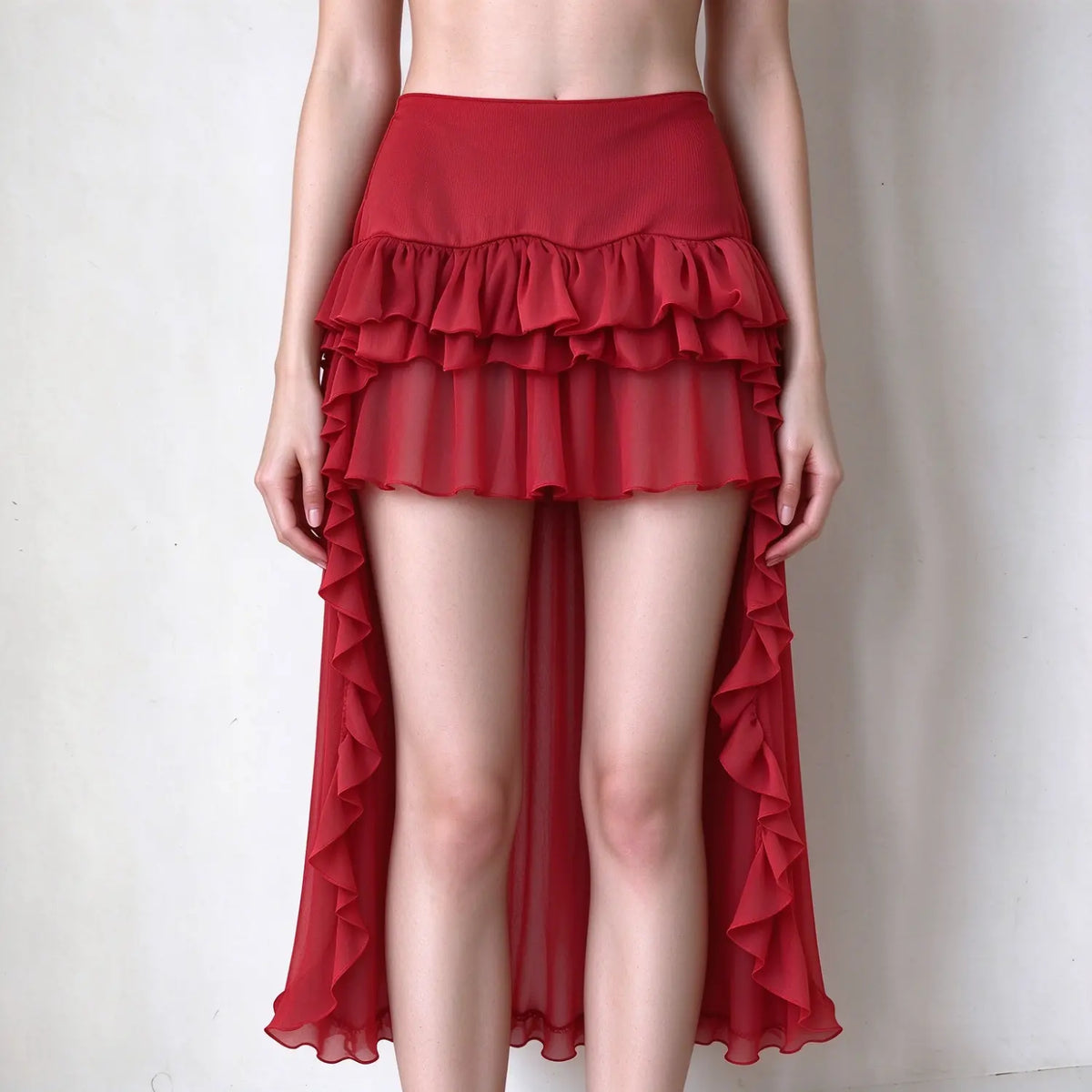 Model wearing red high low mesh skirt, ribbed waistband, layered ruffle chiffon, front short back long silhouette, flowy frill details, plain white background