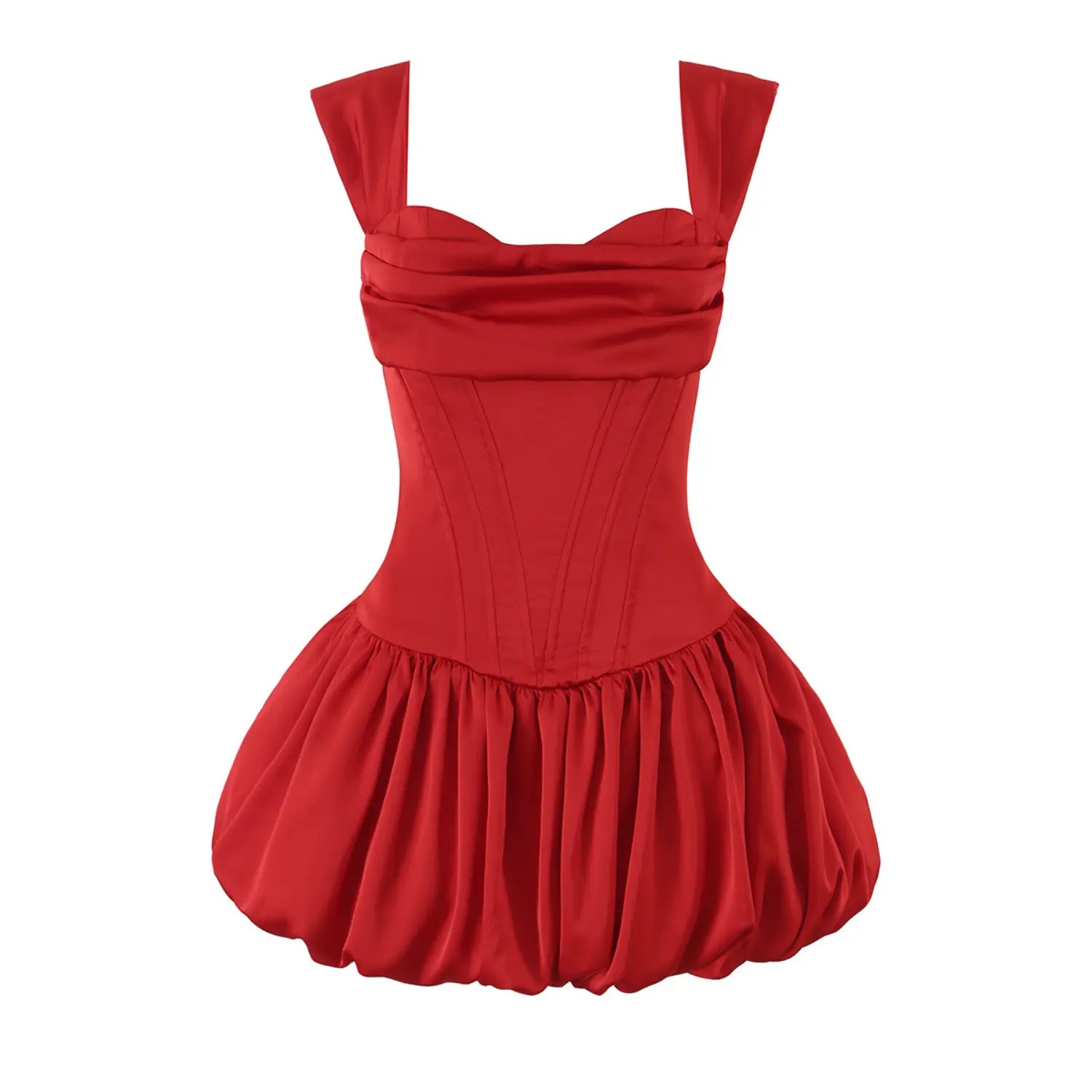 Front product shot of vibrant red satin sleeveless mini dress with folded draped neckline and structured corset waist