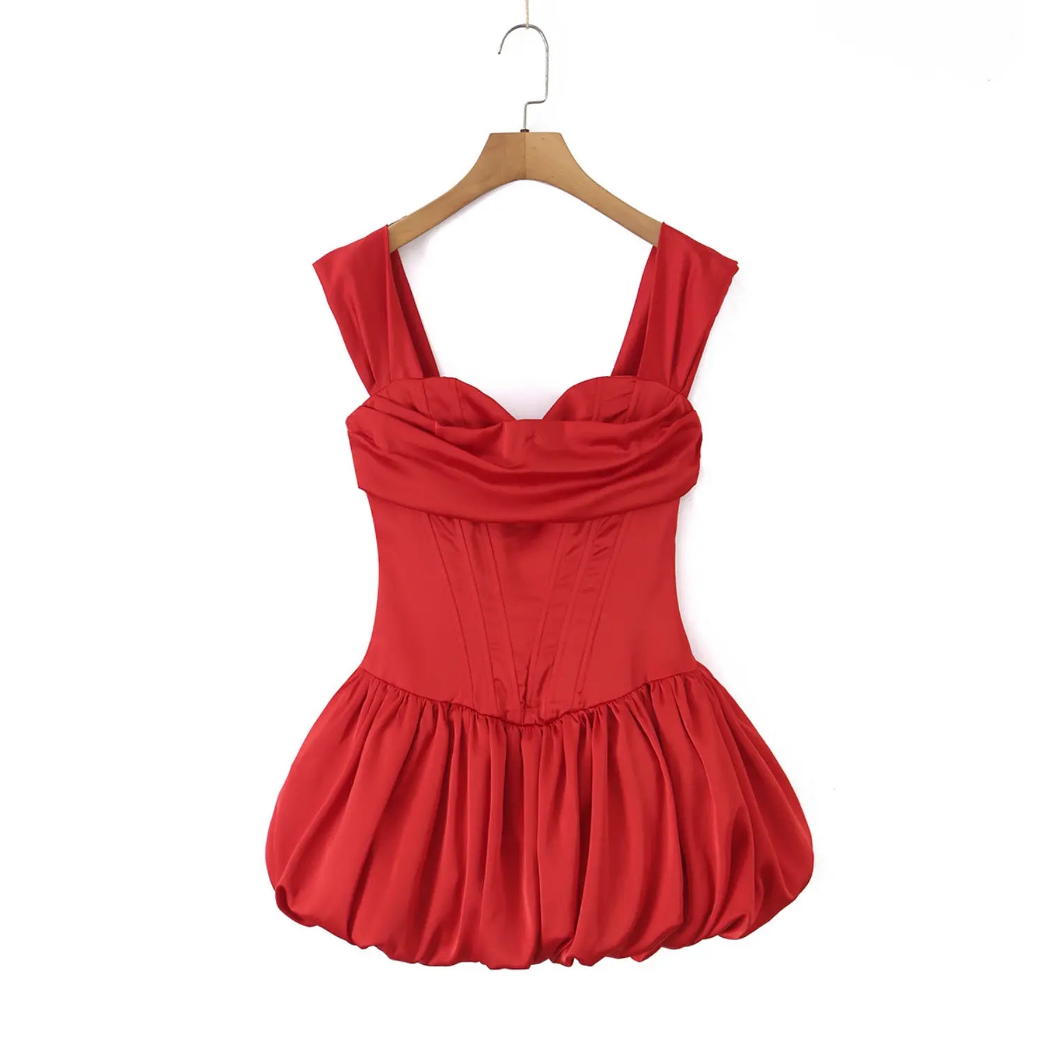 Full garment shot of red draped bust corset mini dress hung on wooden clothes hanger against plain white background