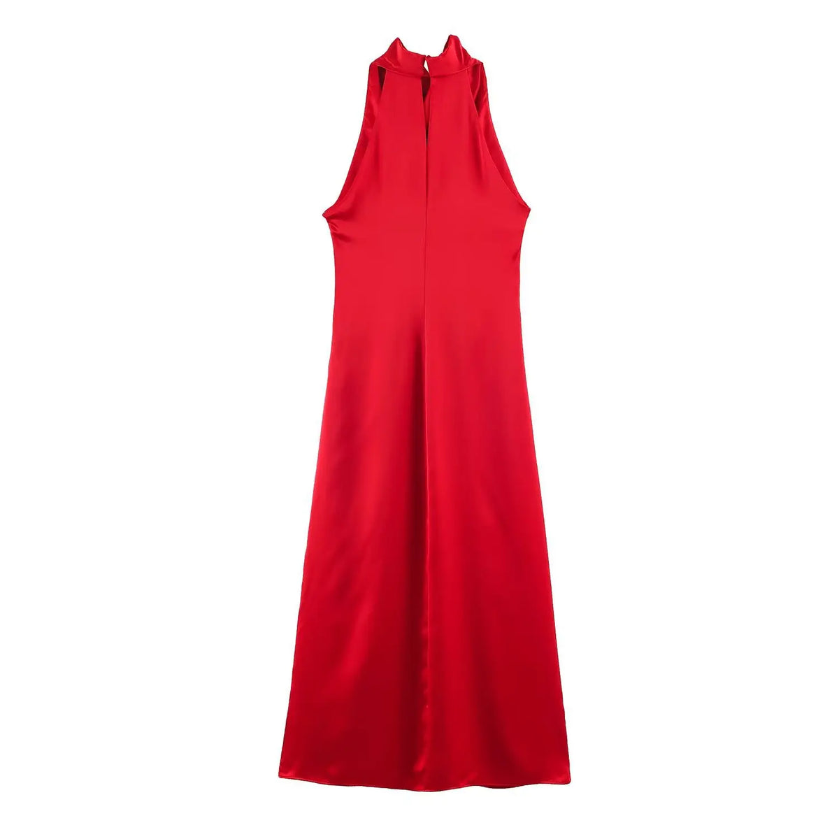 Back view of red satin halter maxi dress with center back zipper