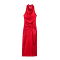 Front view of red satin cowl neck halter twist maxi dress on white background