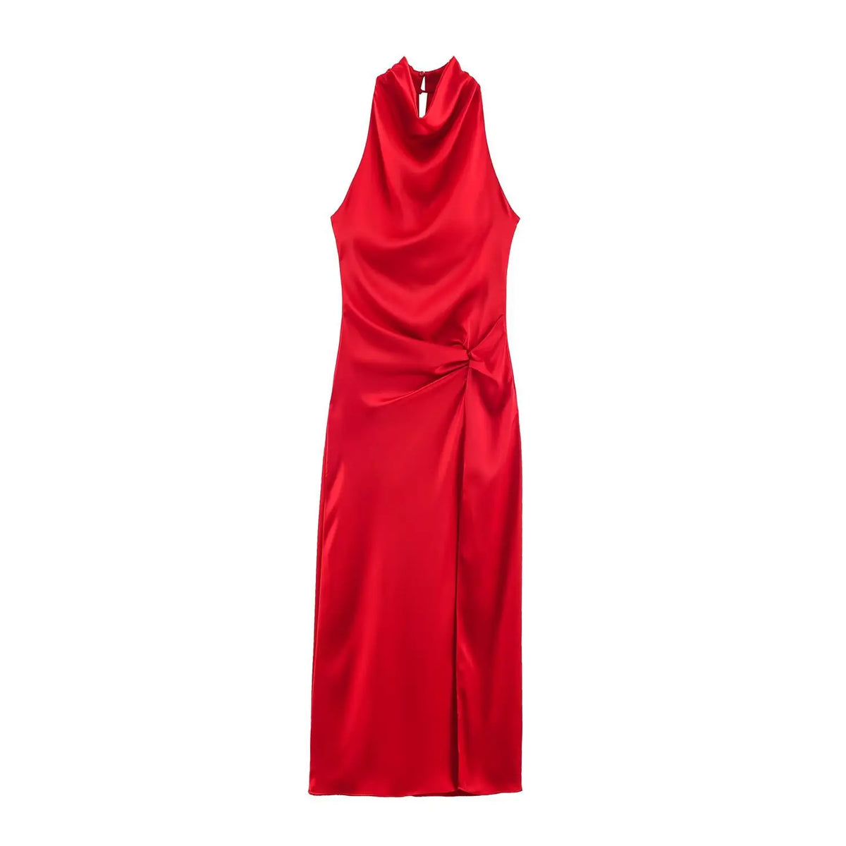 Front view of red satin cowl neck halter twist maxi dress on white background