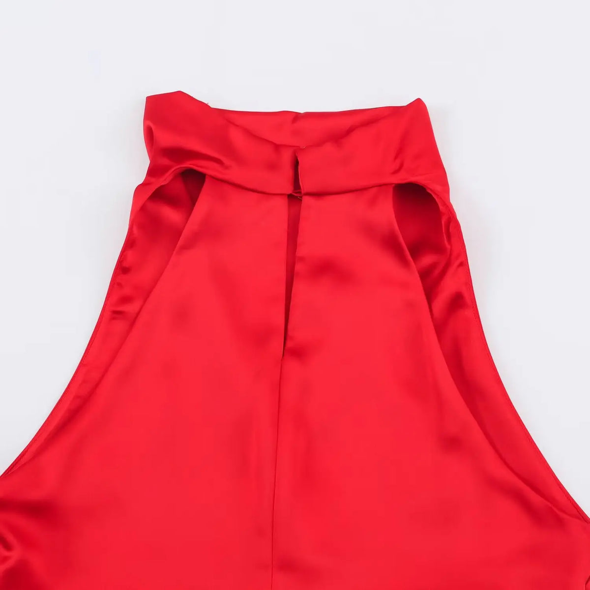 Close-up of inner back neckline on red satin halter dress