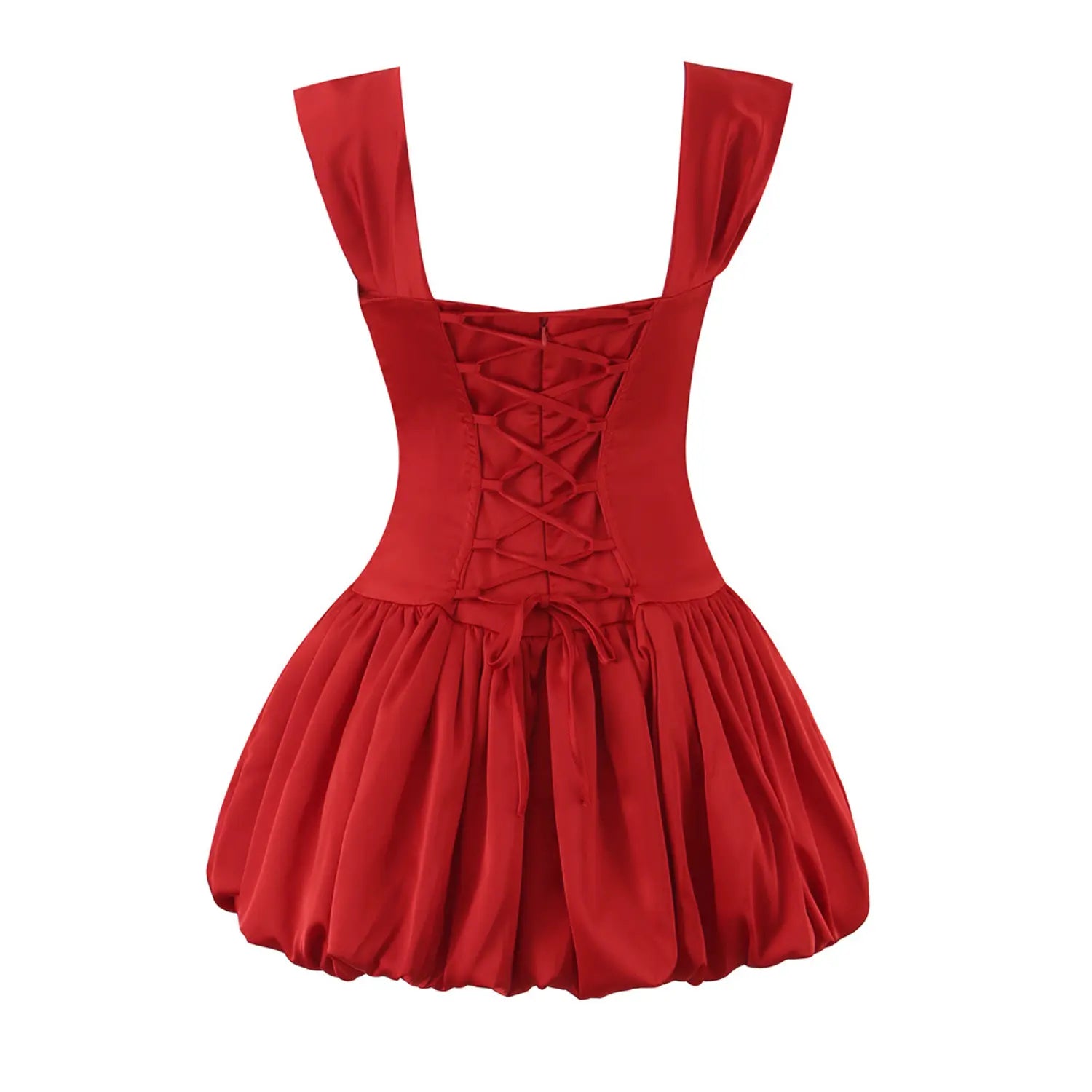 Rear flat view of red satin corset mini dress featuring adjustable criss cross lace up closure and voluminous bubble hem