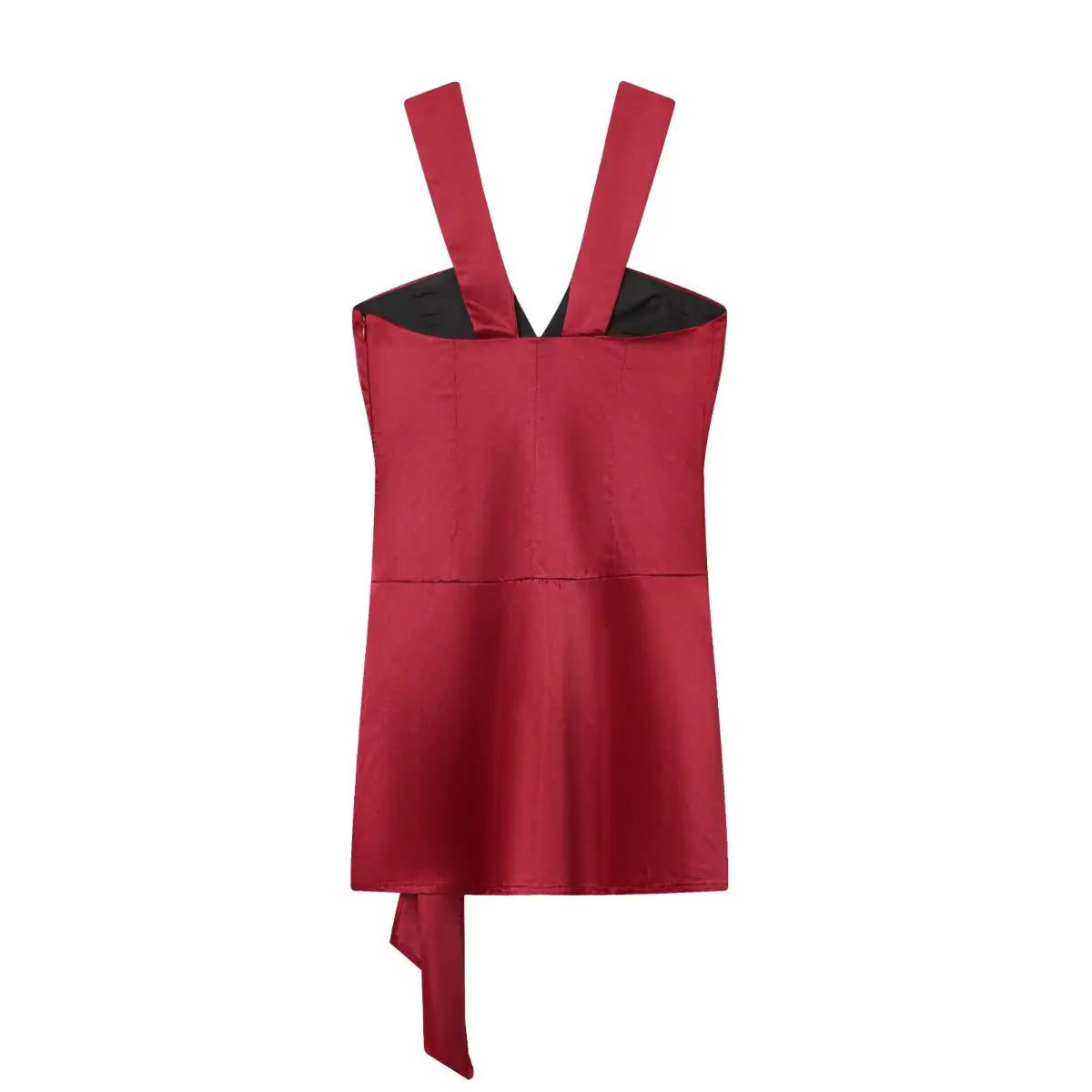 Full back view of a red satin mini dress, showing the wide straps, black lining, and draped side tie detail.