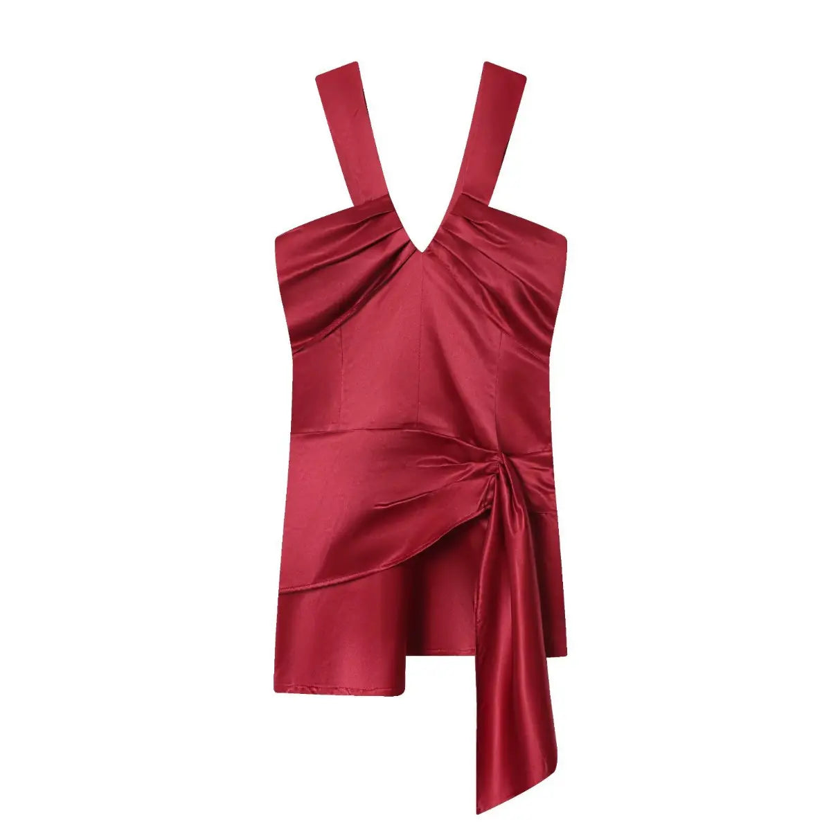 Full front flat view of a red satin mini dress with a gathered V-neck, wide straps, and draped side tie.