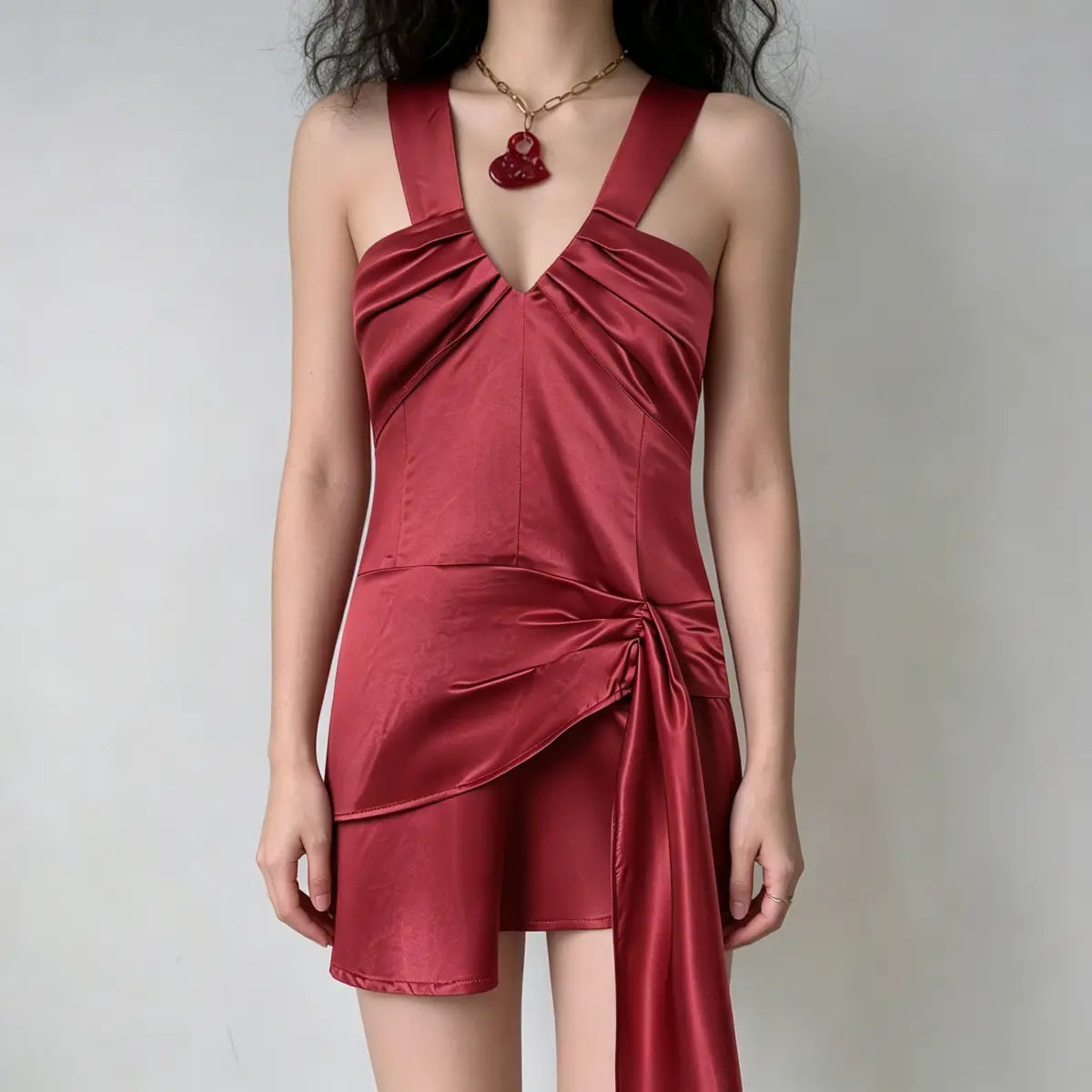 Red Satin Asymmetrical Mini Dress with Knot Detail