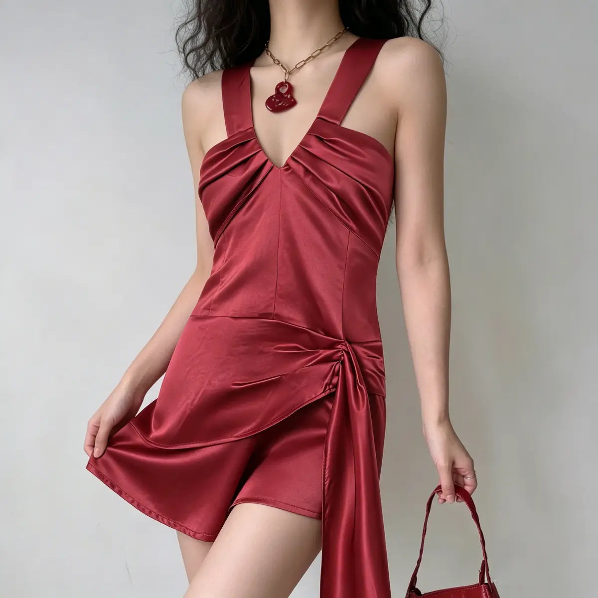Model wearing a red satin wide-strap mini dress with V-neck, side tie detail and draped sash, styled with a red pendant necklace and red handbag, casual pose.