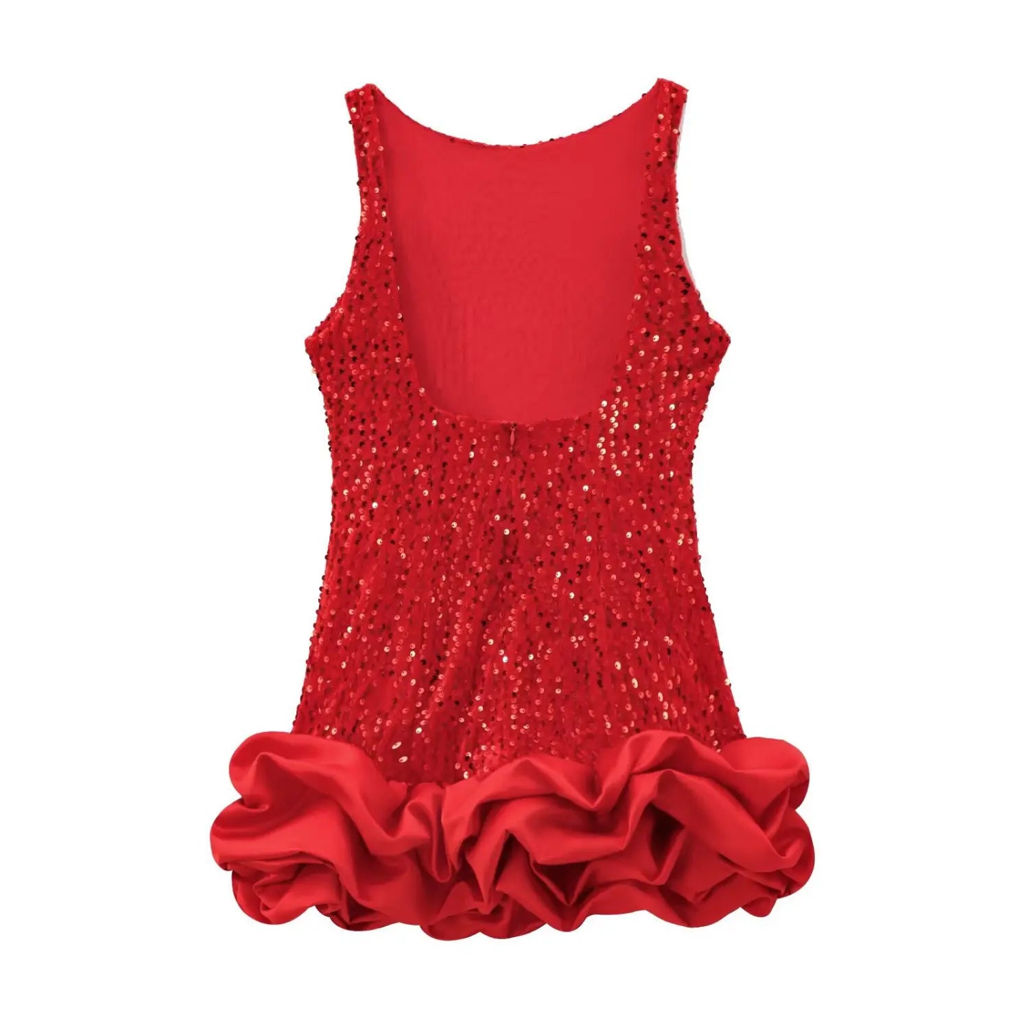 Full back view on white background of red sequin party dress with ruffled hem