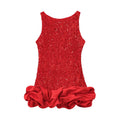 Full front view on white background of red sequin party dress with ruffled hem