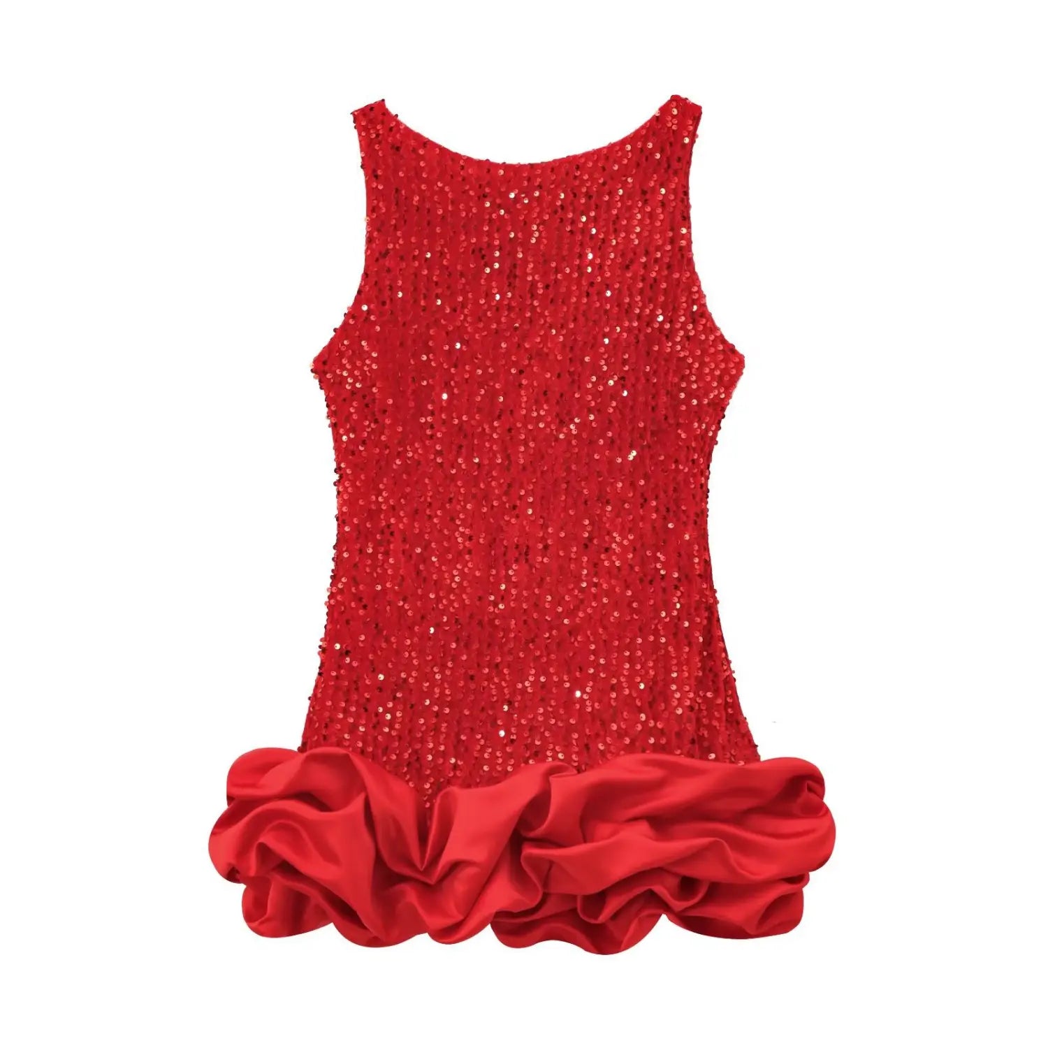 Full front view on white background of red sequin party dress with ruffled hem