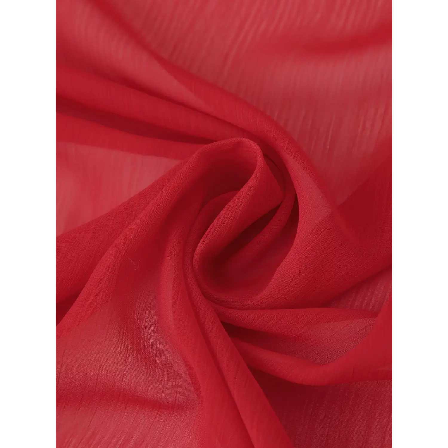 Detailed close up of lightweight crinkled sheer red chiffon fabric for flowy maxi skirt
