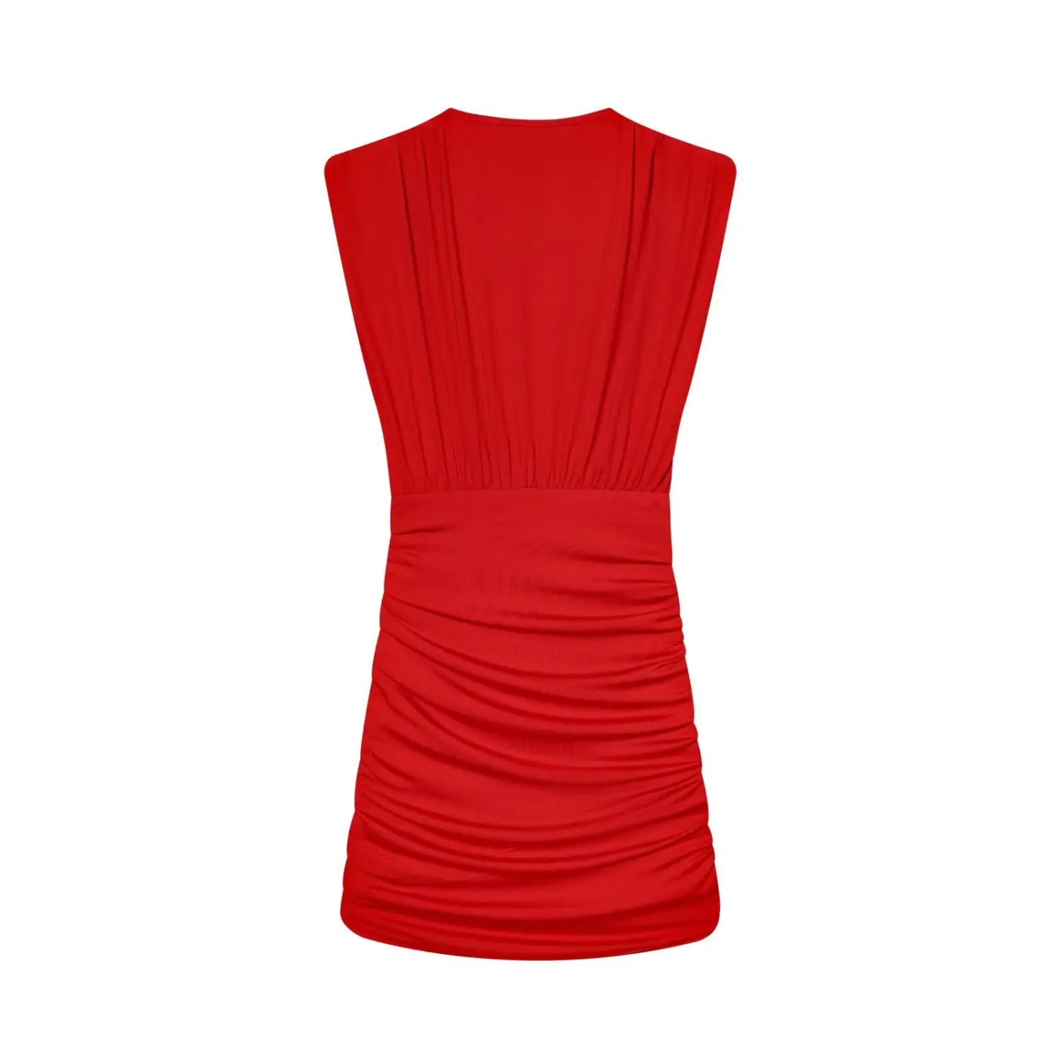 Red Sleeveless V Neck Ruched Mini Dress, Back Flat Shot | Product