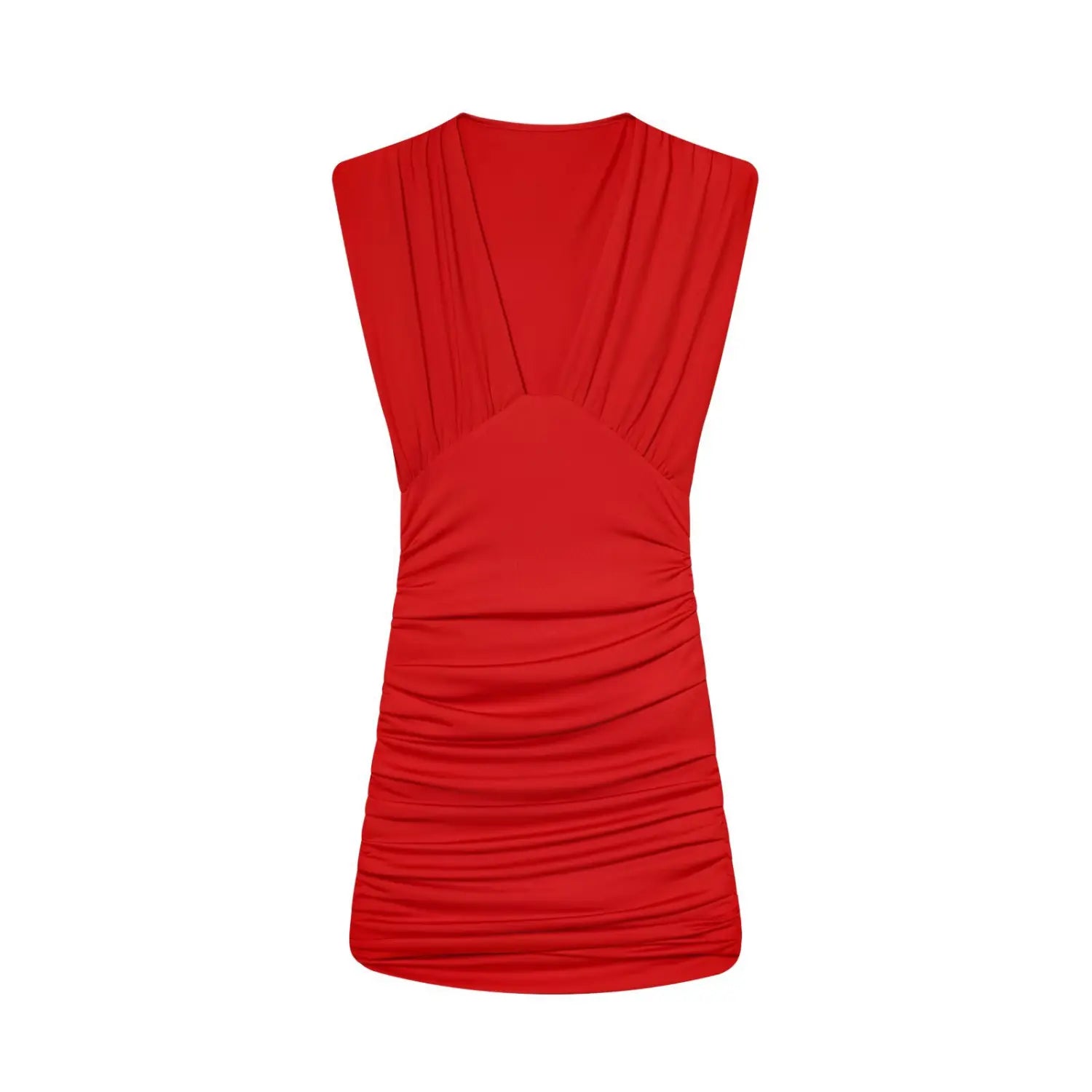 Red Sleeveless V Neck Ruched Mini Dress, Front Flat Shot | Product