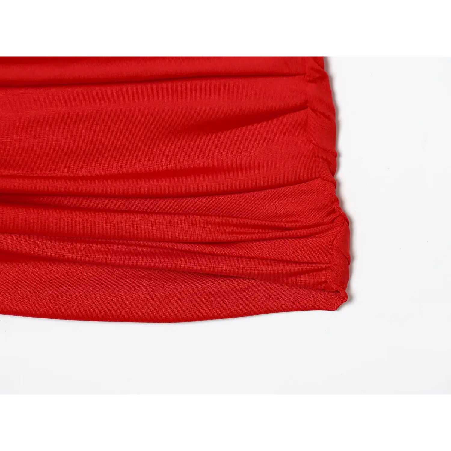 Red Sleeveless V Neck Ruched Mini Dress, Skirt Hem Side Ruche Close-up | Detail