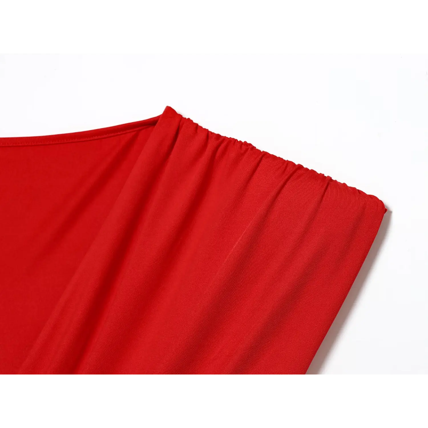 Red Sleeveless V Neck Ruched Mini Dress, Shoulder Gathered Fabric Close-up | Detail