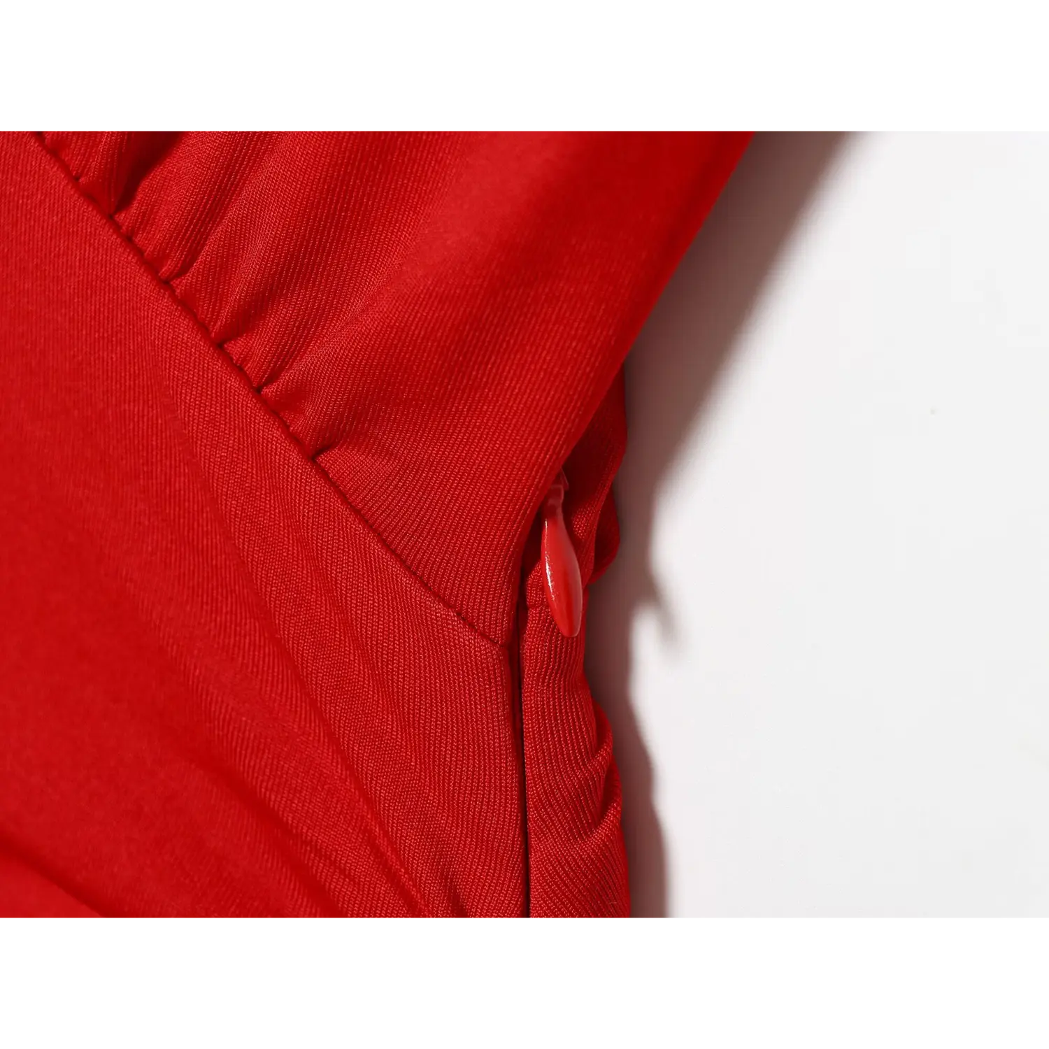 Red Sleeveless V Neck Ruched Mini Dress, Side Invisible Zipper Detail | Detail