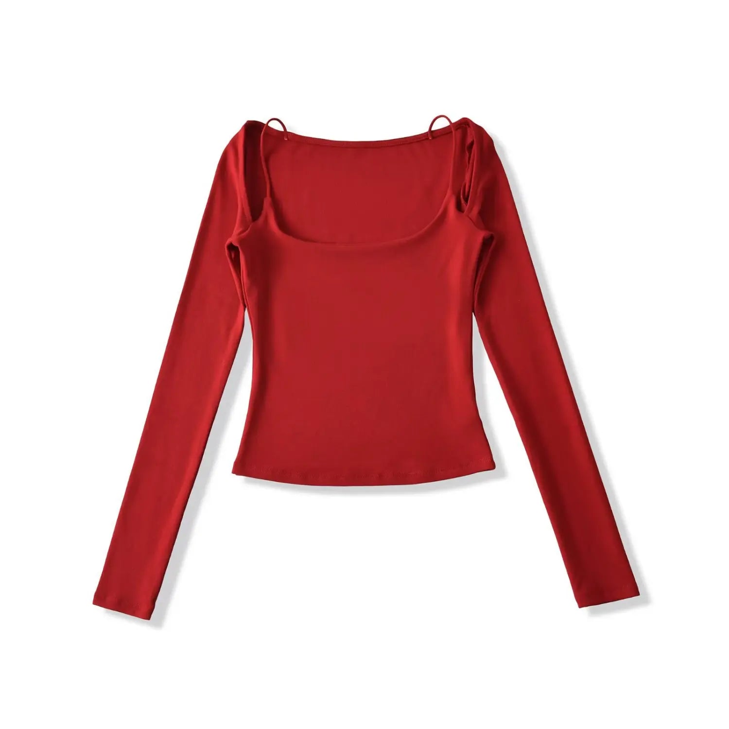 Red spaghetti strap fake two piece off shoulder long sleeve top full front plain white flat lay, wide u neck thin straps detachable long sleeves high stretch knit slim waist cropped solid top product shot