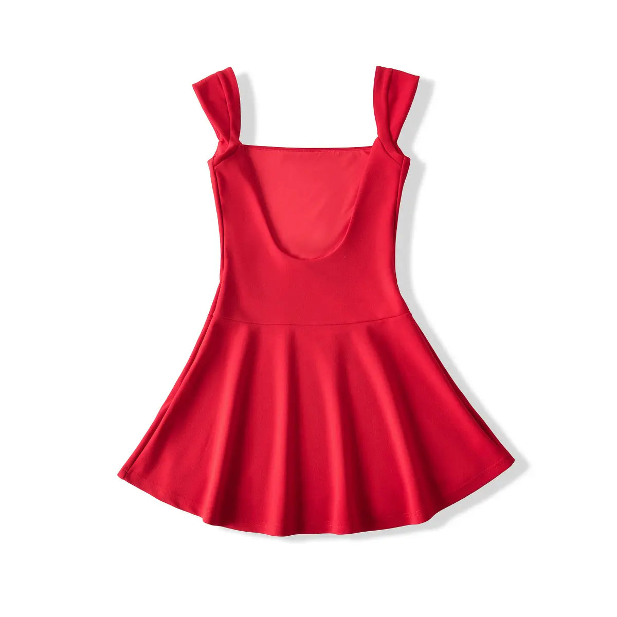  Back view of a bright red sleeveless fit-and-flare mini dress with a square neckline and scoop back.