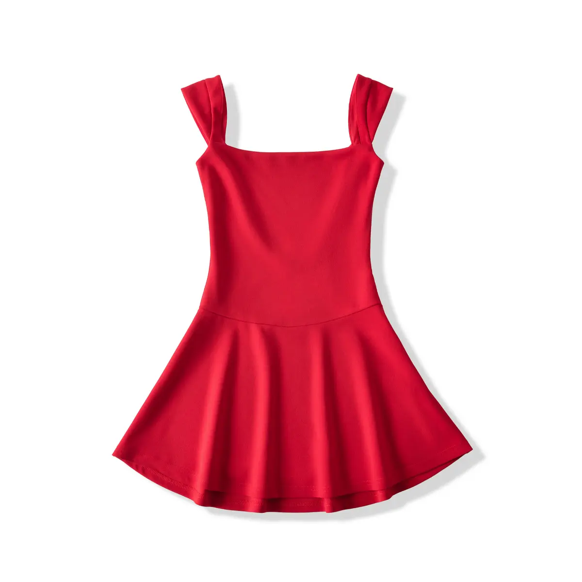 Front view of a bright red sleeveless fit-and-flare mini dress with a square neckline.