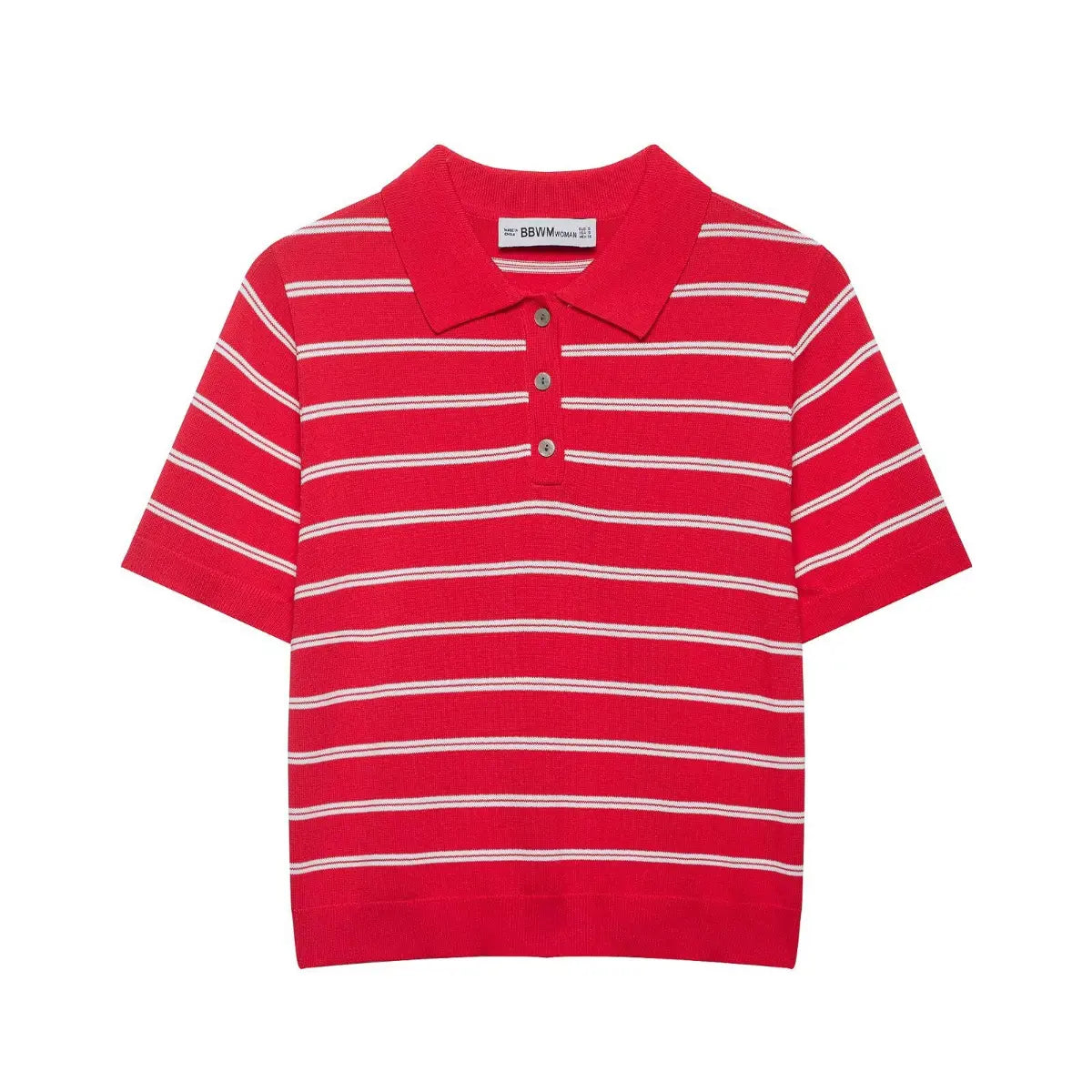 Full view of the red and white striped knit polo shirt, showing the polo collar, button placket, and short sleeves