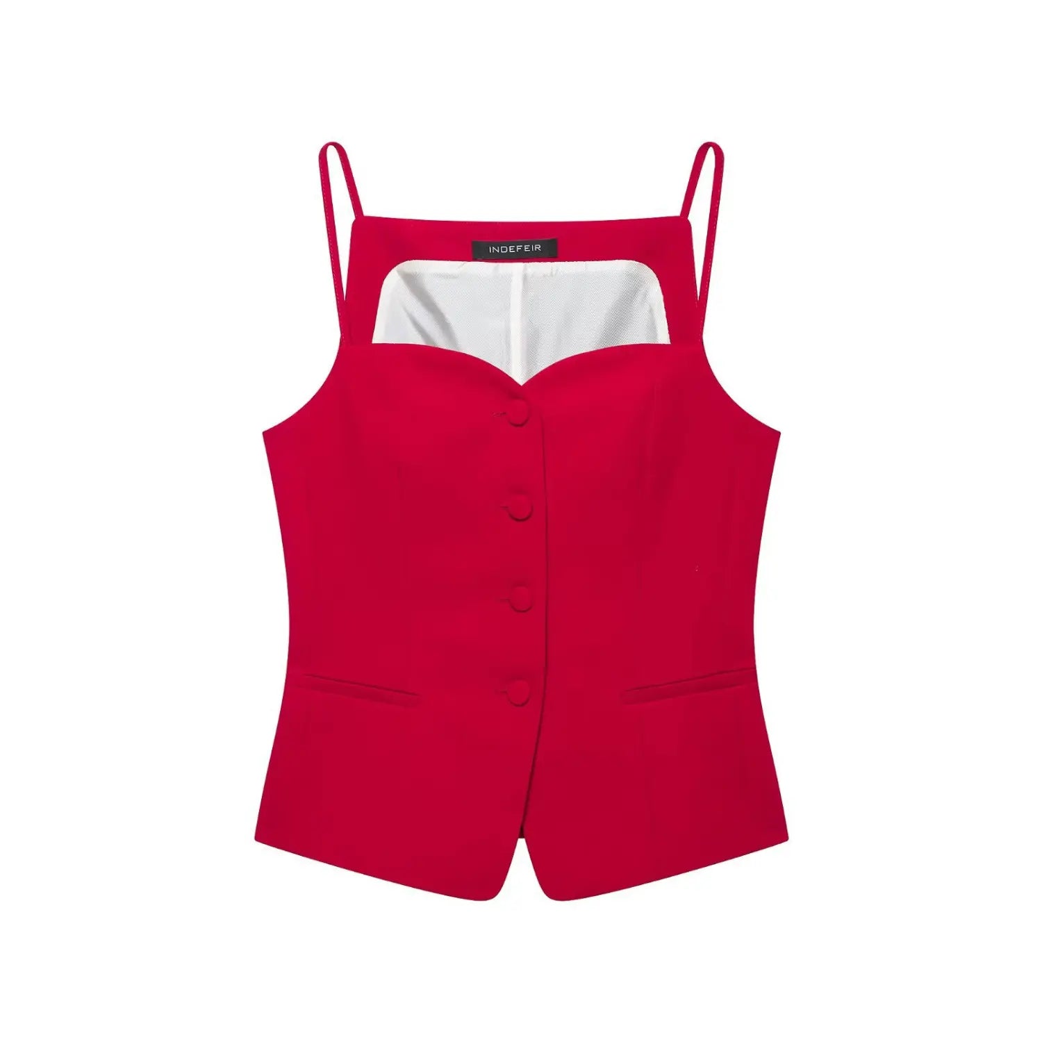 Full front flat‑lay view of red suit cami top, sweetheart neckline, front fabric buttons, fake pocket details, thin spaghetti straps, white background