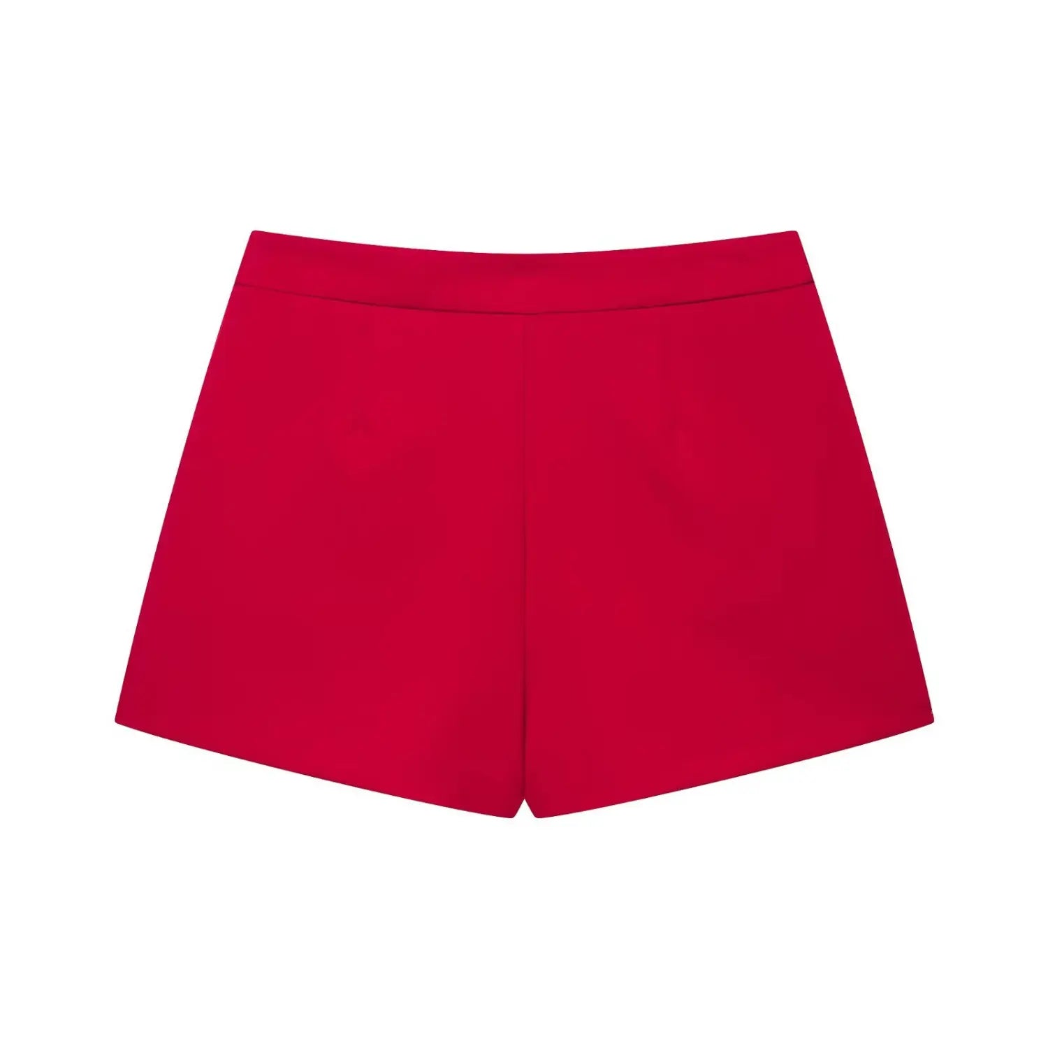 Full back flat‑lay view of red tailored suit shorts, clean back panel, high waistband, smooth suiting fabric, white background