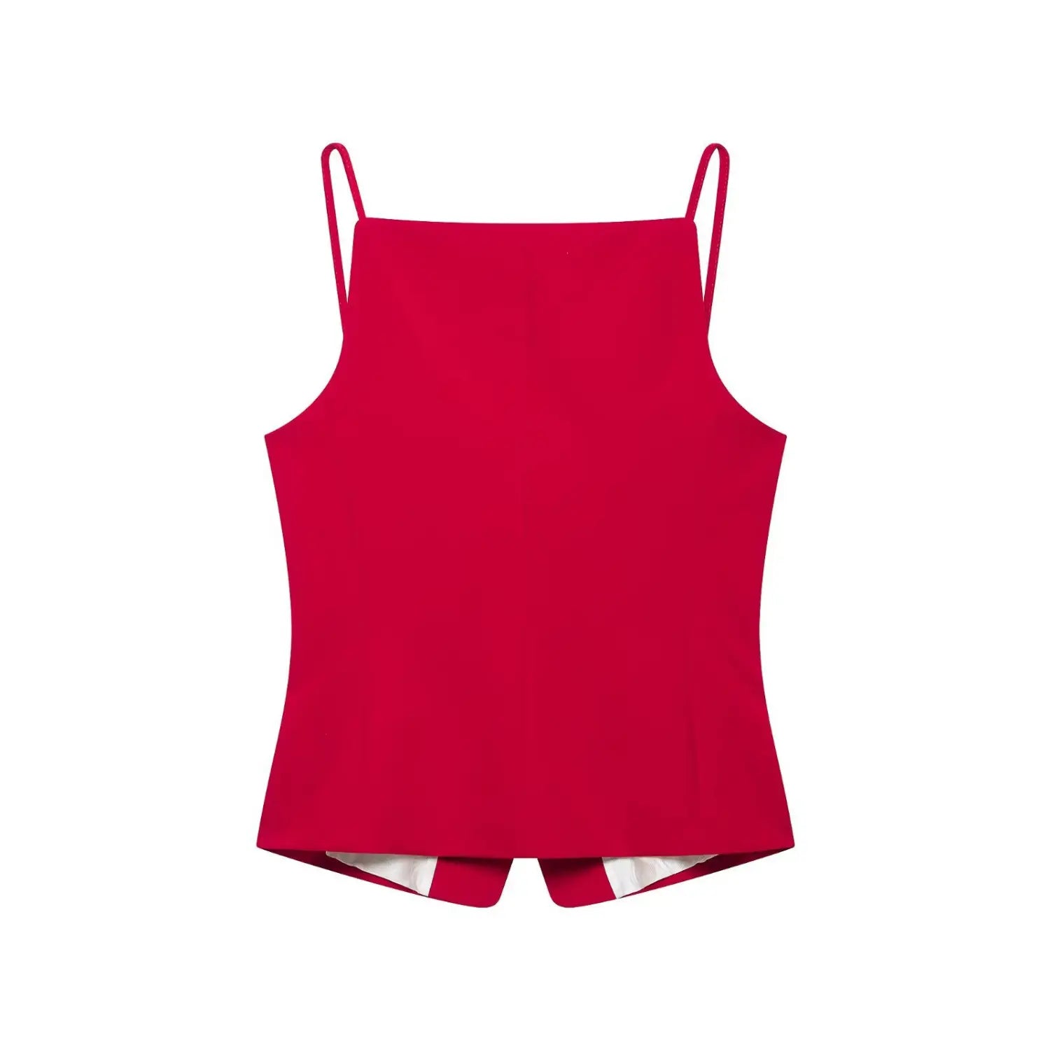 Full back flat‑lay view of red tailored cami top, straight back neckline, thin spaghetti straps, clean vertical seam, white inner lining, white background