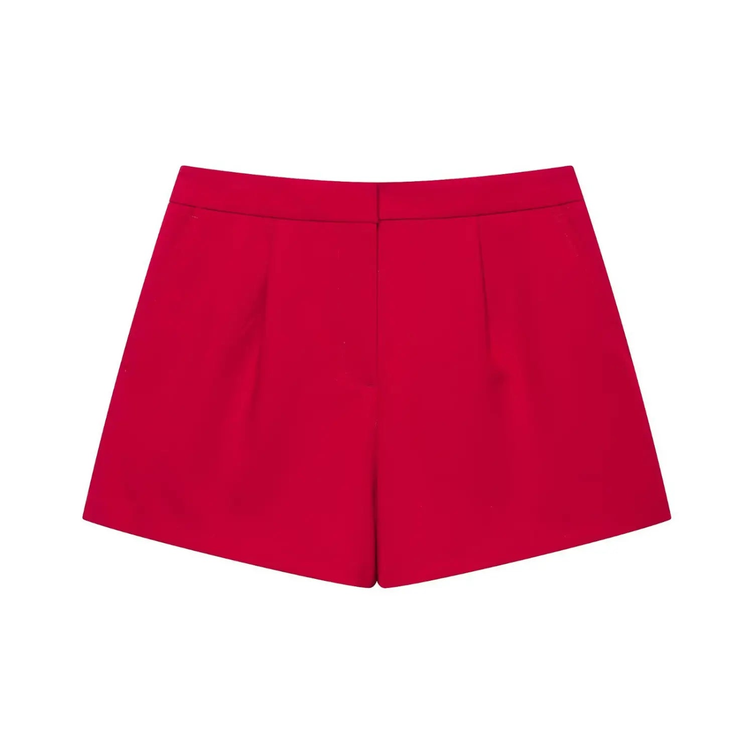 Full front flat‑lay view of red tailored suit shorts, high waist, front pleats, side pockets, white background