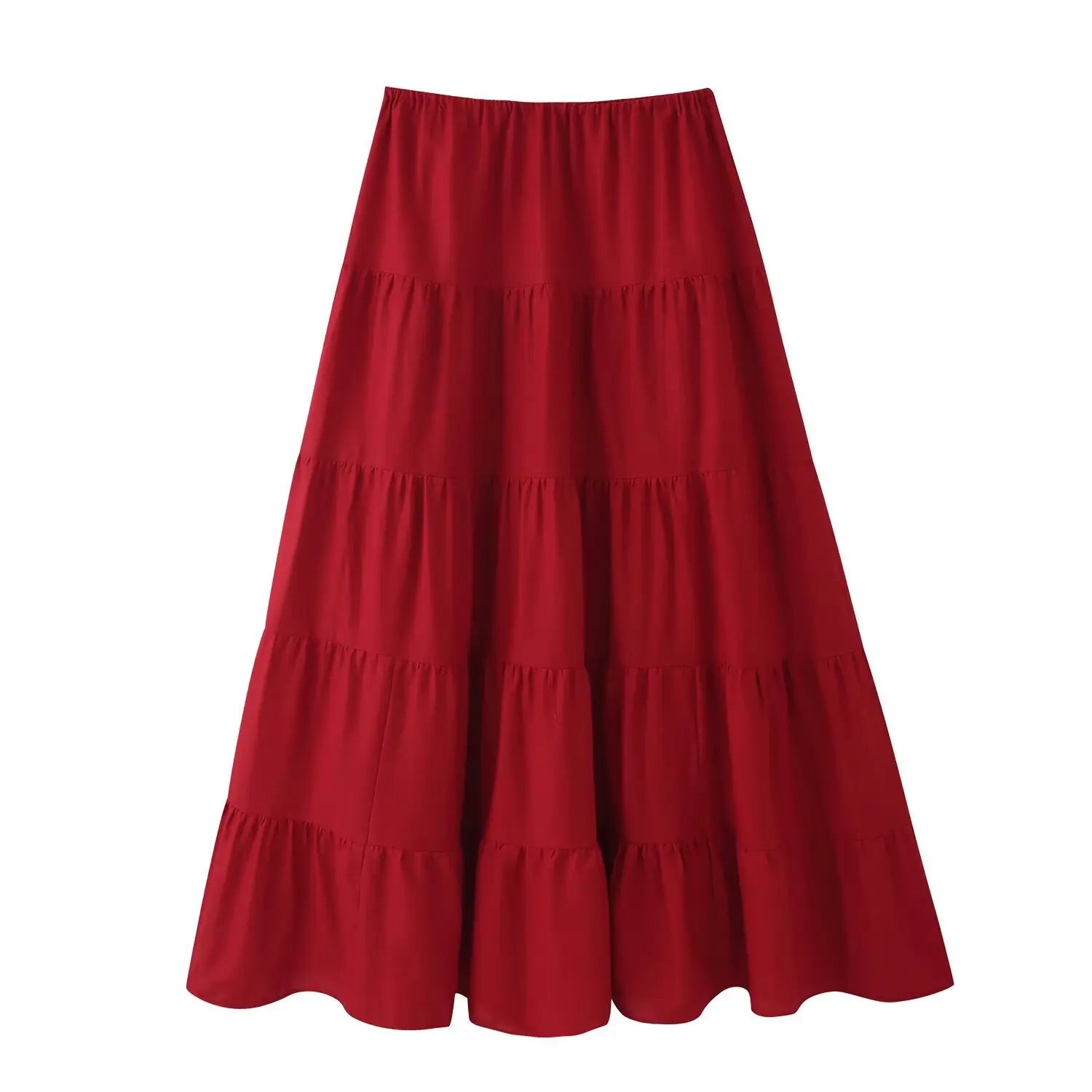 Red tiered ruffle maxi skirt plain back view, elastic waistband, layered ruffle design, isolated white background