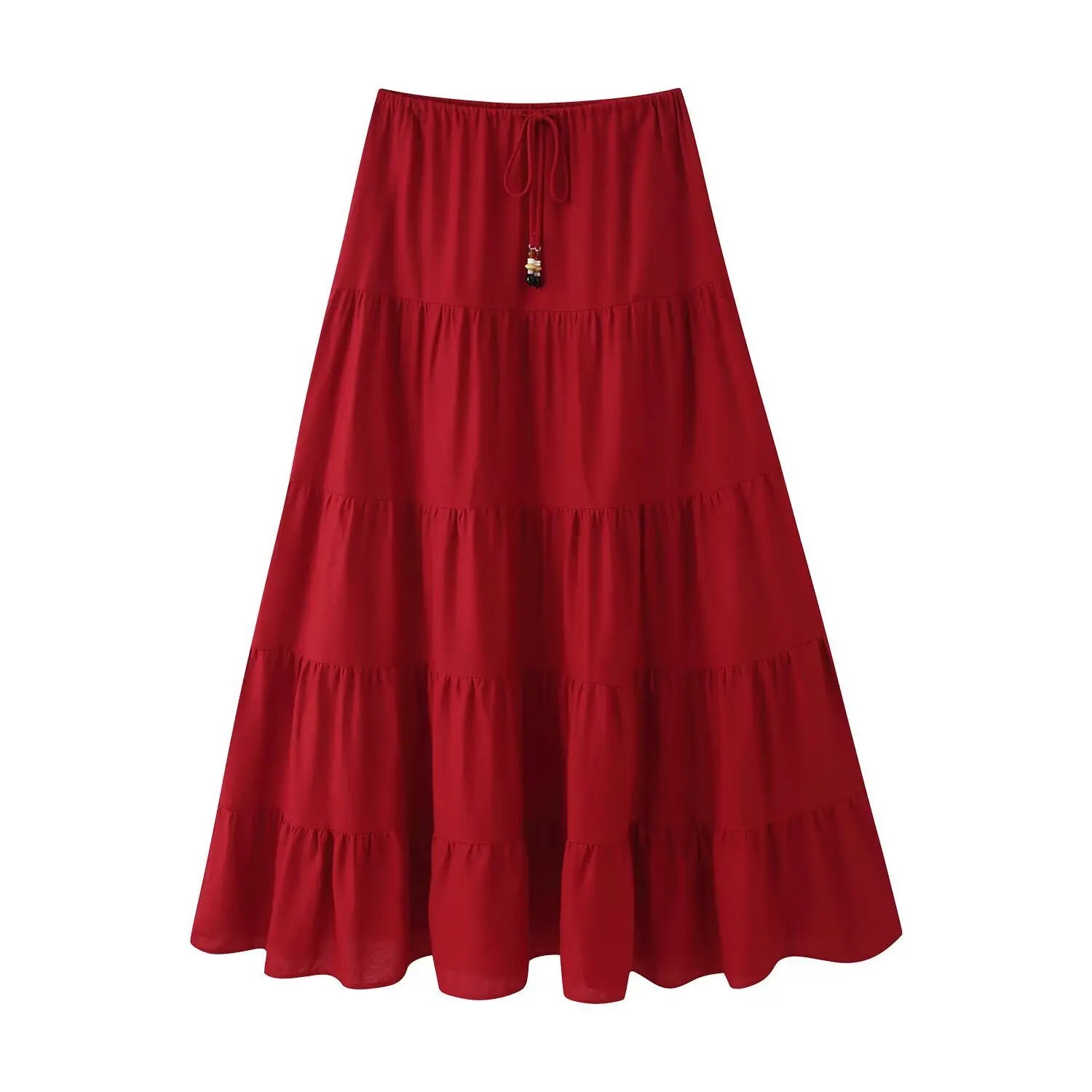 Red tiered ruffle maxi skirt front view, elastic waist with beaded drawstring, isolated white background