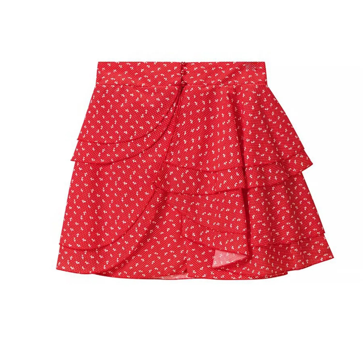 Front flat view of red ditsy floral tiered ruffle mini skirt with wrap detail