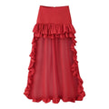 Vibrant red double tier ruffle high waist sheer chiffon maxi skirt flat lay white backdrop
