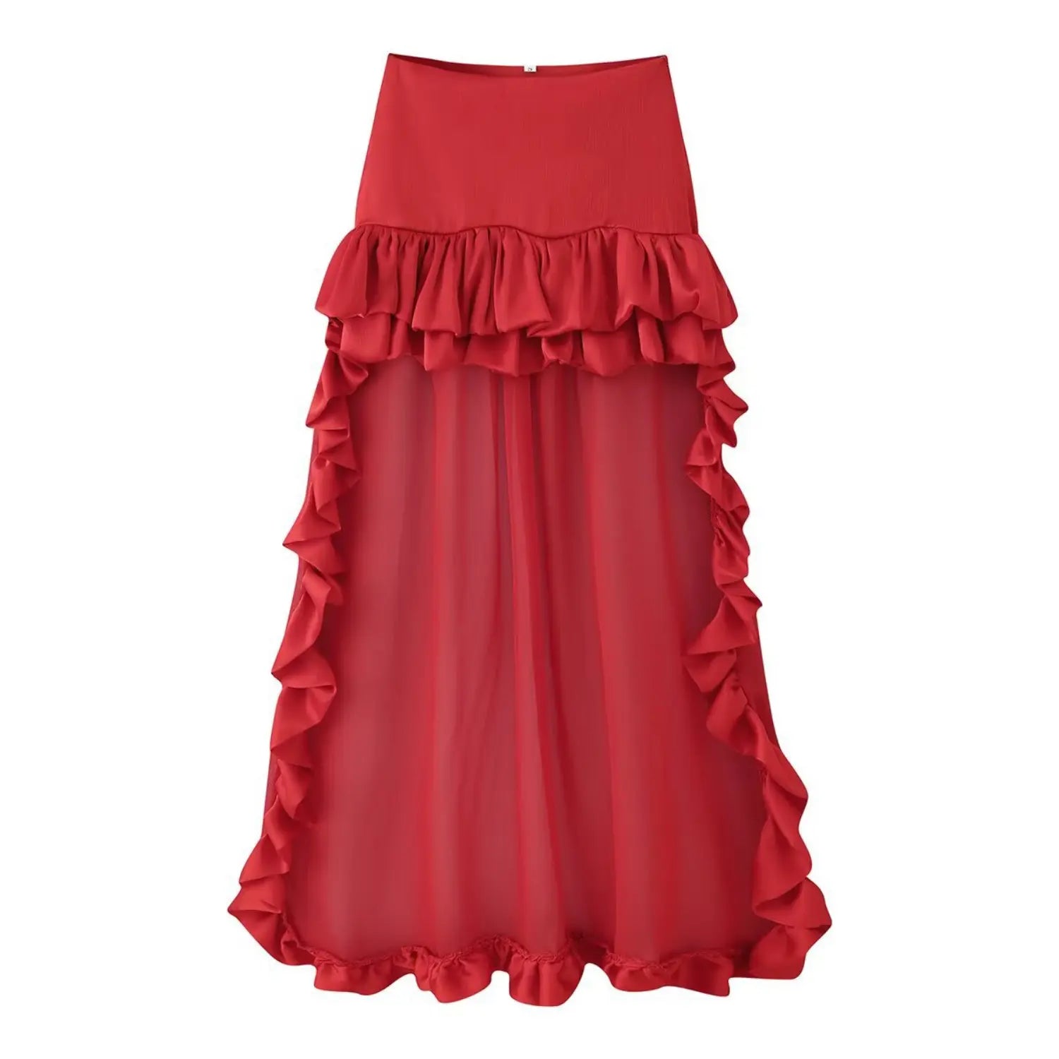 Vibrant red double tier ruffle high waist sheer chiffon maxi skirt flat lay white backdrop