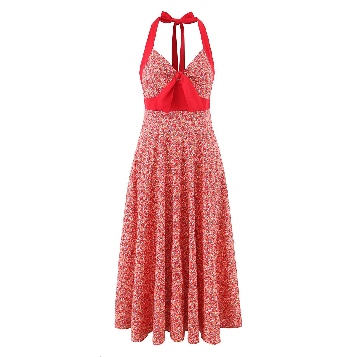  Close-up of V-neck bust with self-fabric red bow, solid red halter straps and contrast waistband on cherry floral dress.