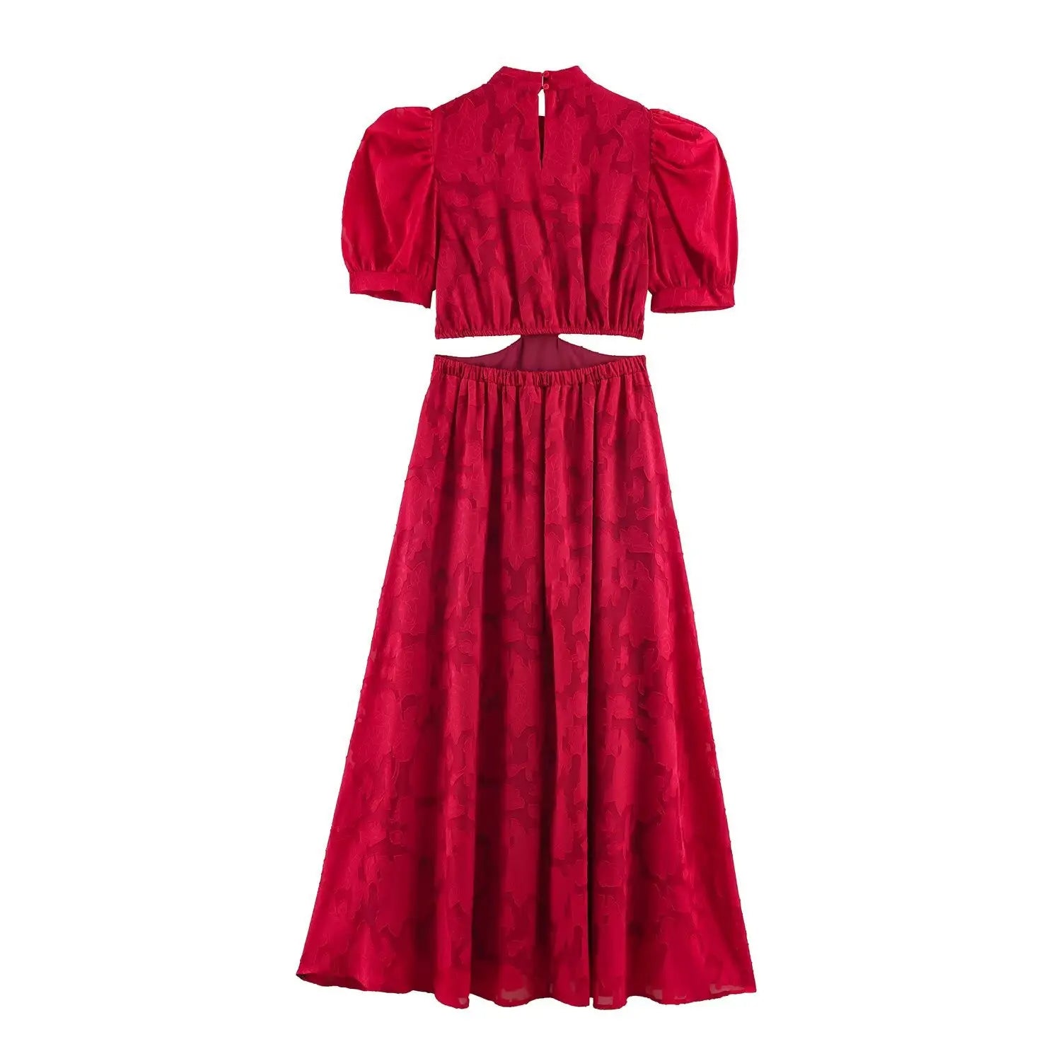 Complete set back flat overview, red 3D floral jacquard fabric, mandarin stand collar, short puff cap sleeve, midriff hollow cutout, elastic waist maxi skirt