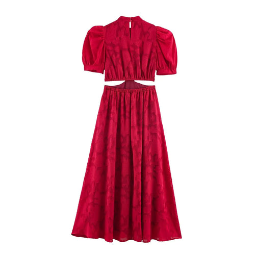 Complete set back flat overview, red 3D floral jacquard fabric, mandarin stand collar, short puff cap sleeve, midriff hollow cutout, elastic waist maxi skirt