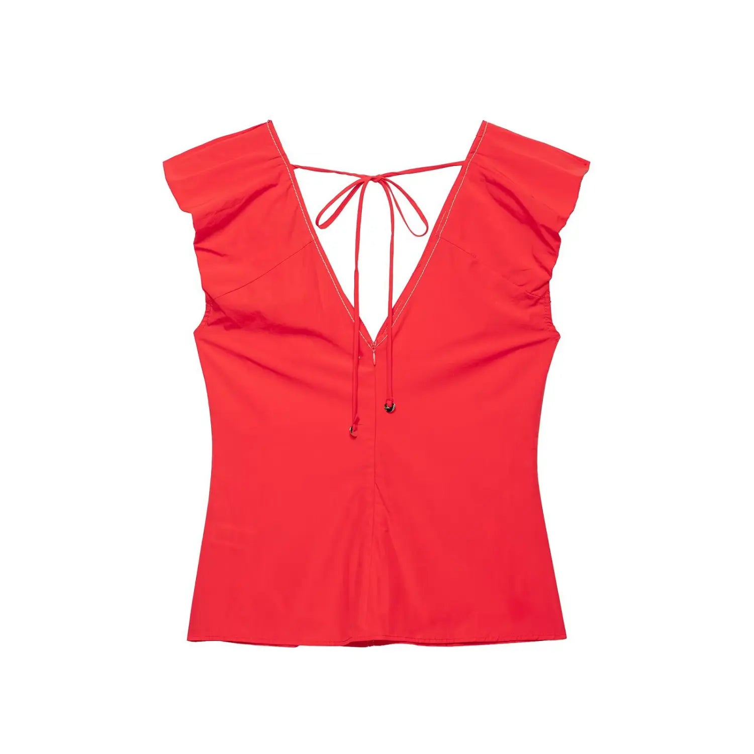 Red V-neck ruffle cap sleeve blouse with open tie back, fitted poplin top back view