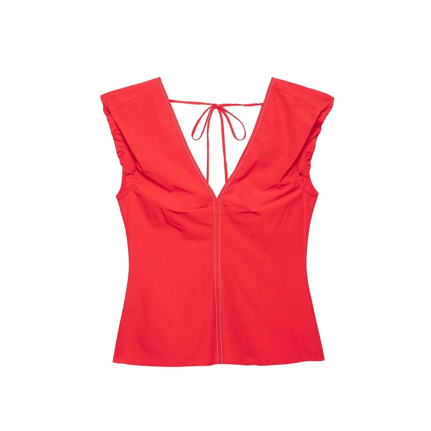 Fitted red poplin V-neck top with ruffle cap sleeves, contrast stitching front view