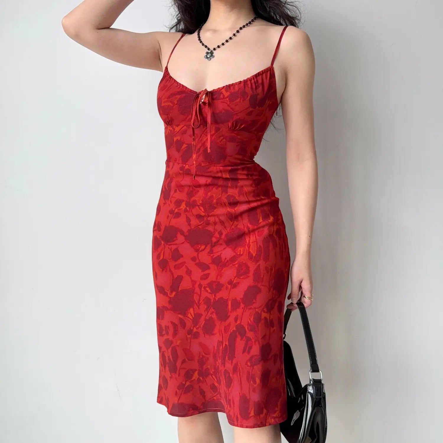Red Floral Spaghetti Strap Midi Slip Dress with Front Tie – dingdingly