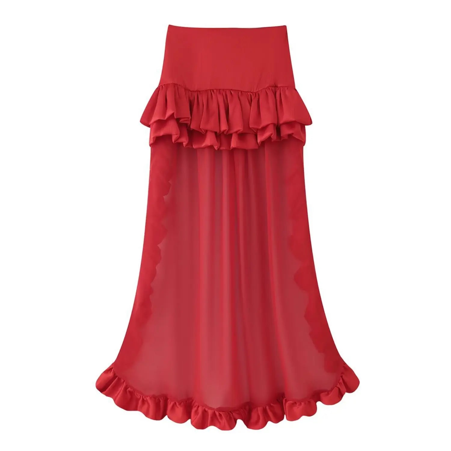 Romantic red wavy edge ruffle sheer chiffon long maxi skirt flat lay product shot