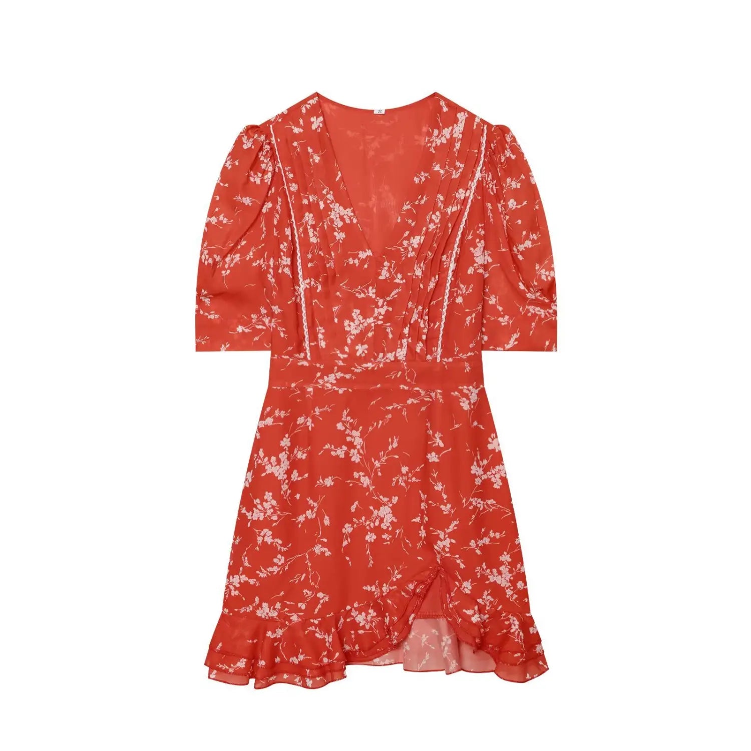 Front flat lay white background, red white floral print V neck chiffon mini dress with puff elbow sleeves and lace trim